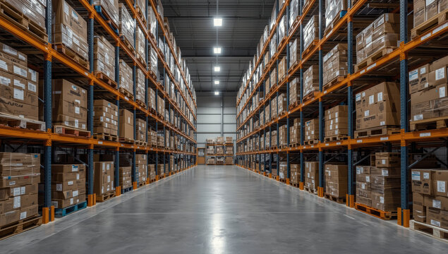 Large industrial warehouse aisle with pallet racking and stacked cardboard boxes conveying
