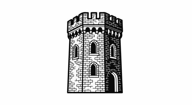 Black and white illustration of a stone castle tower with arched windows and crenellations