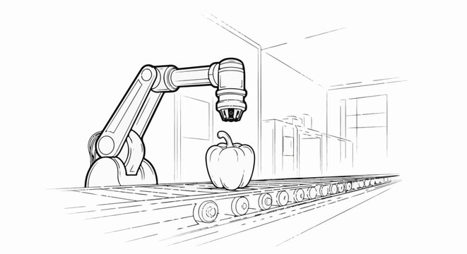 Automated food processing with robotic arm inspecting a bell pepper