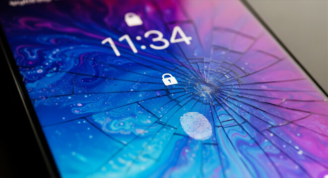 画面が割れたスマートフォンのクローズアップ 鮮やかな背景 修理・故障・保険のコンセプトイメージ