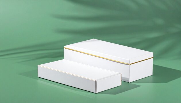 "A minimalist product presentation artwork showing two rectangular white boxes with elegant gold bands around their edges. The boxes rest on a green surface with a light green background, while a fain