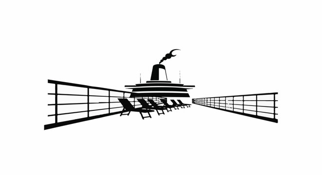 Black and white illustration of a cruise ship deck with lounge chairs and smoke