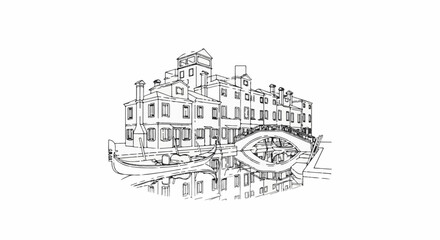 Fototapeta premium Black and white sketch of buildings with a bridge and gondola reflected in water