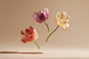 Fototapeta premium Three Delicate Tulips Floating in Mid-Air Against a Soft Background.