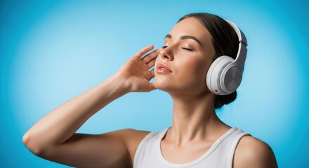Fototapeta premium Young woman enjoying music with wireless over-ear headphones, eyes closed in relaxation against a bright blue background, experiencing calm and immersive sound