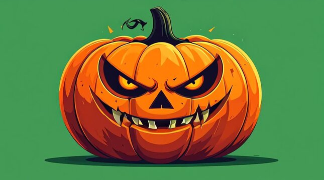 A menacing jack-o-lantern with sharp teeth and glowing eyes appears on a solid green background for Halloween.
