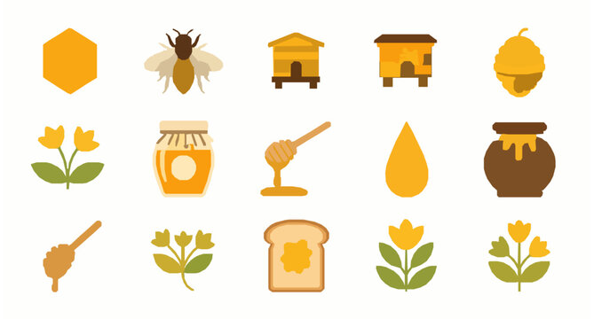 Honey icon set bee hive honeycomb jar syrup toast flowers organic food vector illustration isolated on white