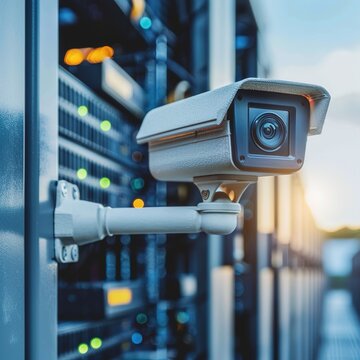 A security camera mounted on a server room wall for surveillance