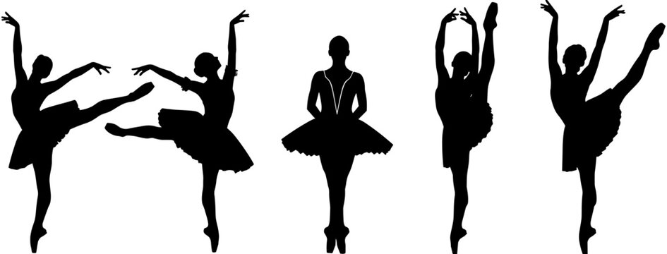 Black silhouette of ballet dancers set in graceful poses and jumps wearing tutus for dance performance vector illustration isolated background.