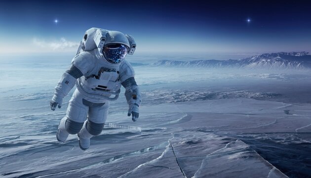 Astronaut jumps on icy surface with stars shining in the night sky and vast landscape