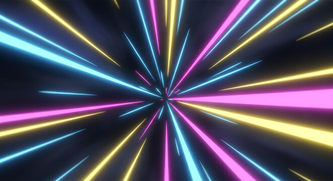 未来的な超光速ワープとデジタル空間を表現する鮮やかなネオン背景 高速通信と革新のイメージ