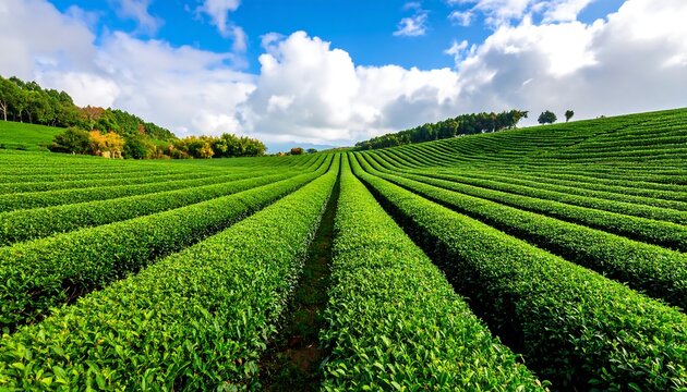 Lush, rolling green fields neatly patterned beneath a blue sky and white clouds, suggestive of agriculture or a cultivated landscape