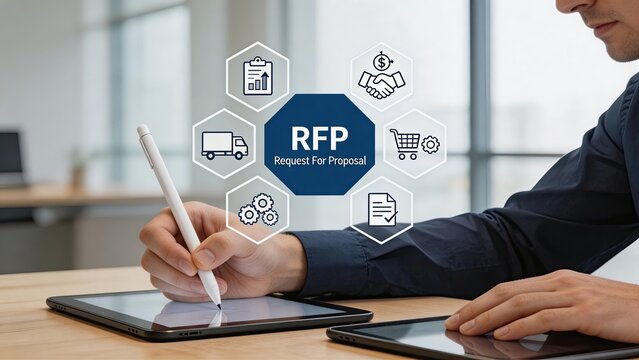 Business man using tablet device pen writing RFP Request For Proposal contract strategy planning process digital technology office
