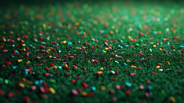 Close-up view of vibrant, multicolored glitter particles densely scattered on green background.