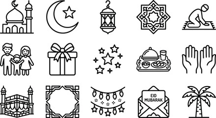 Obraz premium Eid Mubarak and Islamic celebration web icons in line style. Ramadan, mosque, family, gift, prayer, editable stroke, outline icon collection. Vector illustration.