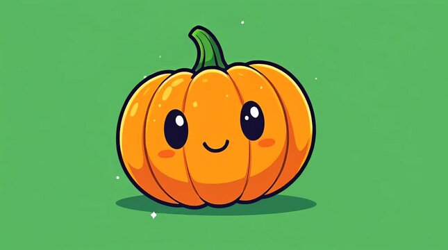 A cheerful orange pumpkin with a smiling face sits on a green background