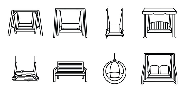 Assortment of swings and benches line art icons on transparent background outdoor seating elements.