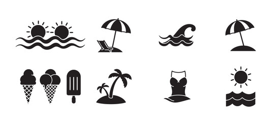 Black and white beach icons on a including sun, palm trees, and beach chairs. Collection of simplified beach  vacation icons including palm trees umbrellas waves and sun symbols, vector illustration. © Daisy