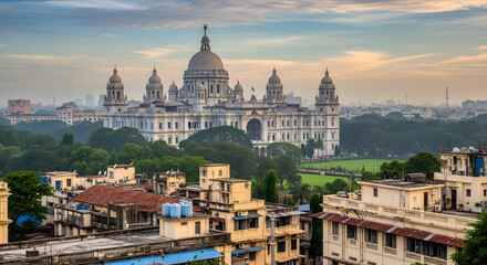 Fototapeta premium historic parliament building at sunrise with urban skyline in india