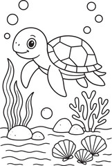 Fototapeta premium Underwater Sea Turtle Swimming by Coral Reef Coloring Page Vector Art