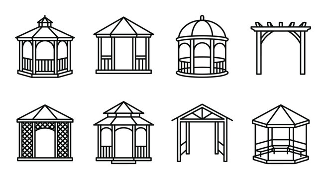 Collection of garden gazebos and pergolas line art vector illustrations for outdoor structures.