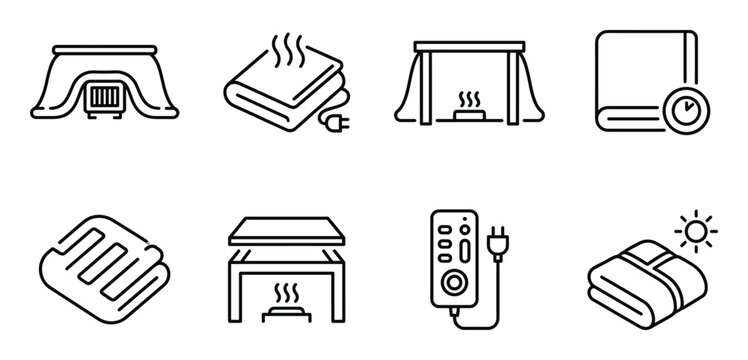 Collection of line art icons representing comfort heating and relaxation items.