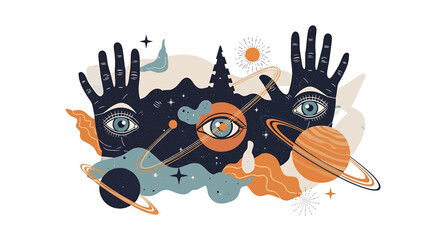 Hands with eyes and planets illustration. © Makdum