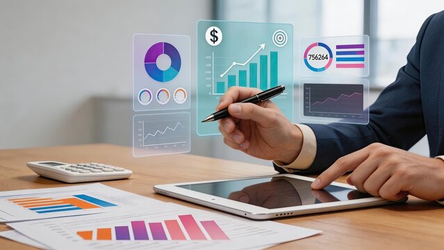 Business man analyzing financial data with pen and tablet hologram charts graph statistics on table