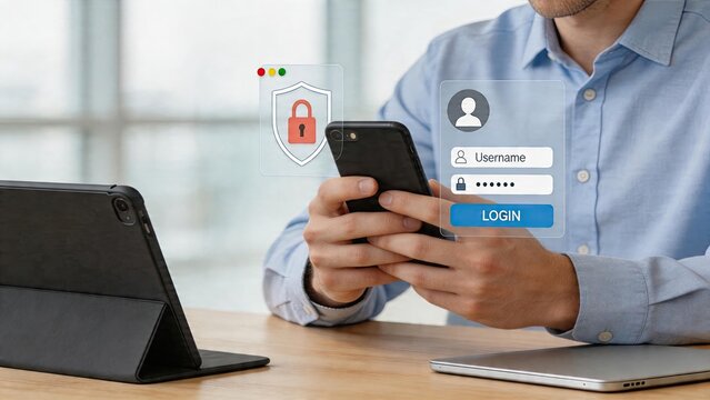 Businessman using smartphone security login app interface data protection digital privacy online security shield icon computer screen overlay technology concept working remotely