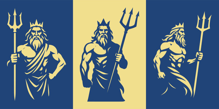 vector set silhouette of poseidon - Mythological Greek titan holding a trident spear