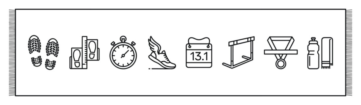 Collection of sports and running icons with medal and stopwatch on transparent background.