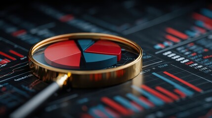 Obraz premium A gold magnifying glass zooms in on a red and blue pie chart over a digital financial data background.