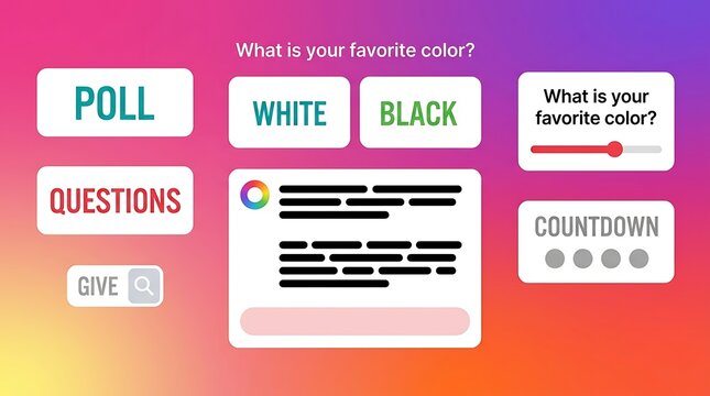 Social media interactive elements like polls, questions, sliders, and countdown timers displayed on a gradient background, representing online engagement and communication.