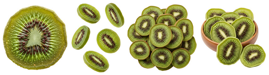 A vibrant display of sliced kiwis on transparent background