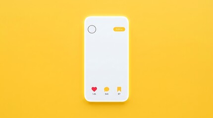 Fototapeta premium Minimalist white smartphone screen with social media icons and copy space on a vibrant yellow background, top view.