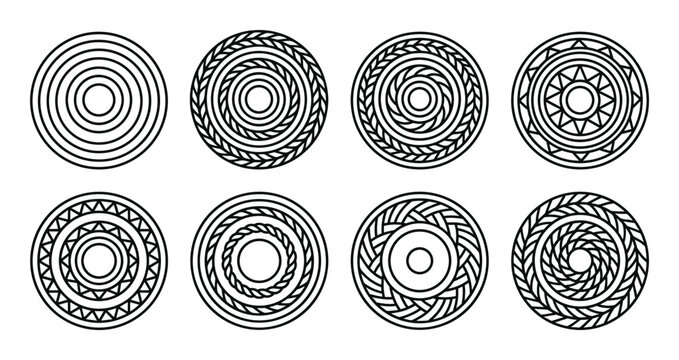 Eight flat design outline circular ornamental pattern icons on transparent background.