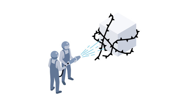Isometric illustration workers removing obstacles from a cuboid on white background