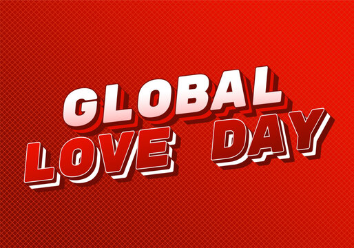 Bold retro 3d text global love day on textured red background with diagonal shadow, pop art style