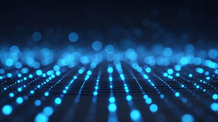 Obraz premium Abstract Dark Background with Glowing Blue Dots Creating a Digital Network Effect, Perfect for Technology and Science Concepts, Vivid and Dynamic