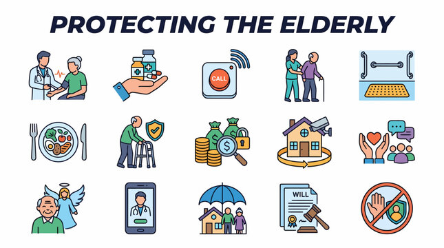 Protecting the Elderly: Healthcare, Safety, and Support Icons