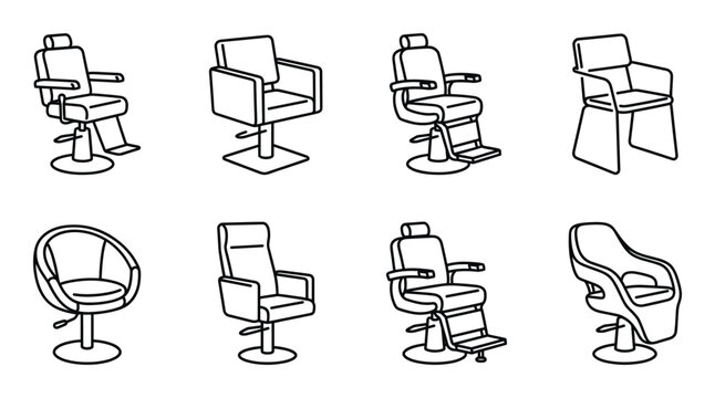 Set of eight black outline barber chairs on a transparent background collection.