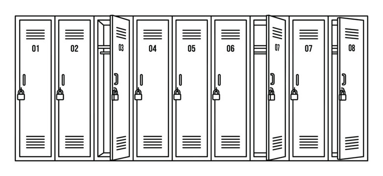 Row of numbered lockers with padlocks in outline style for school gym or storage areas.