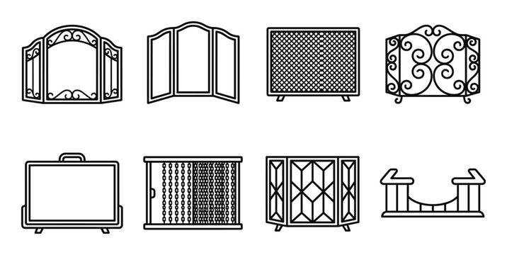 Set of eight flat design outline fireplace screen icons on transparent background.