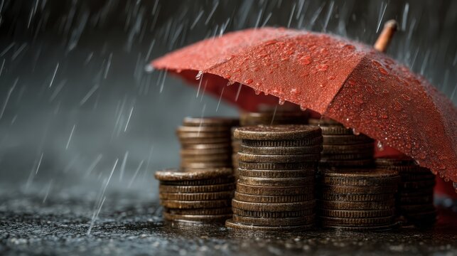 Stacks of coins protected from rain by a red umbrella, symbolizing financial security and protection during uncertain times.