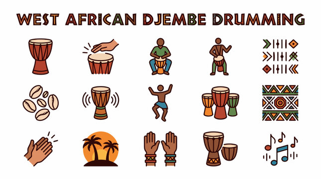 West African Djembe Drumming Icons Set