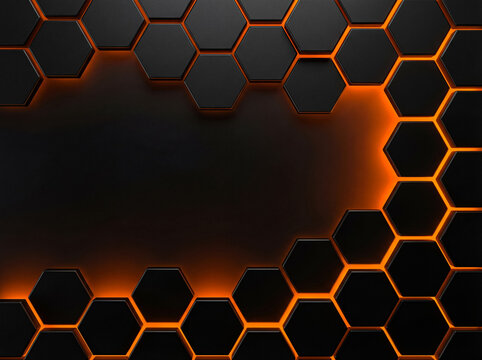 Abstract 3D render of a dark hexagonal pattern background with glowing orange edges and copy space.
