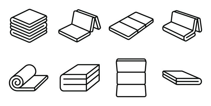Set of folded and rolled mats and blankets in outline style icons.