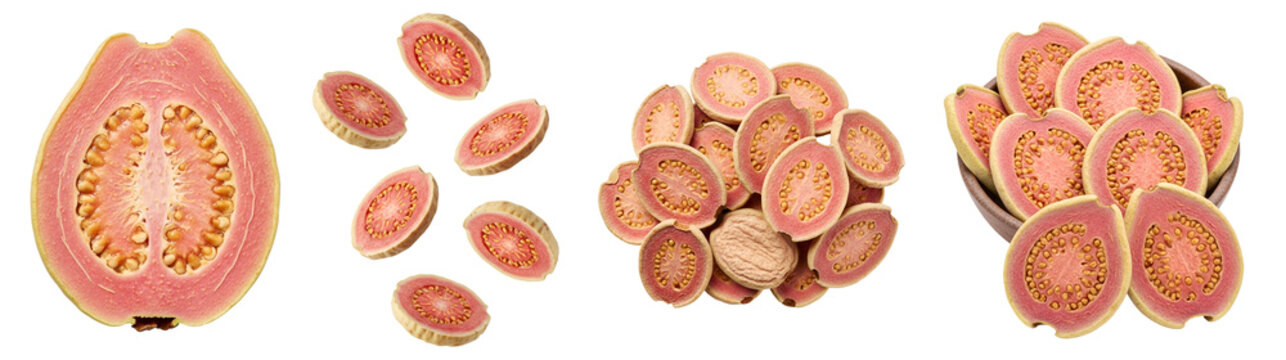 A vibrant guava fruit cut into various pieces on transparent background