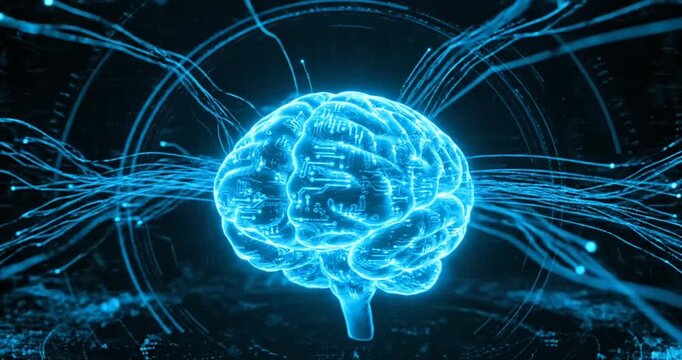 Futuristic digital brain illustration with glowing circuits and data streams in a dark background