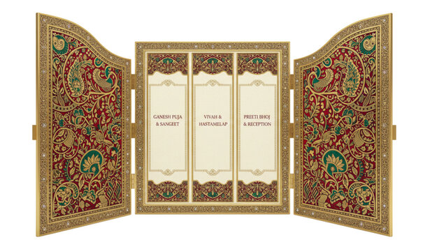 Traditional ornamental gate style wedding invitation program box vector illustration with cultural decorative elements on white background